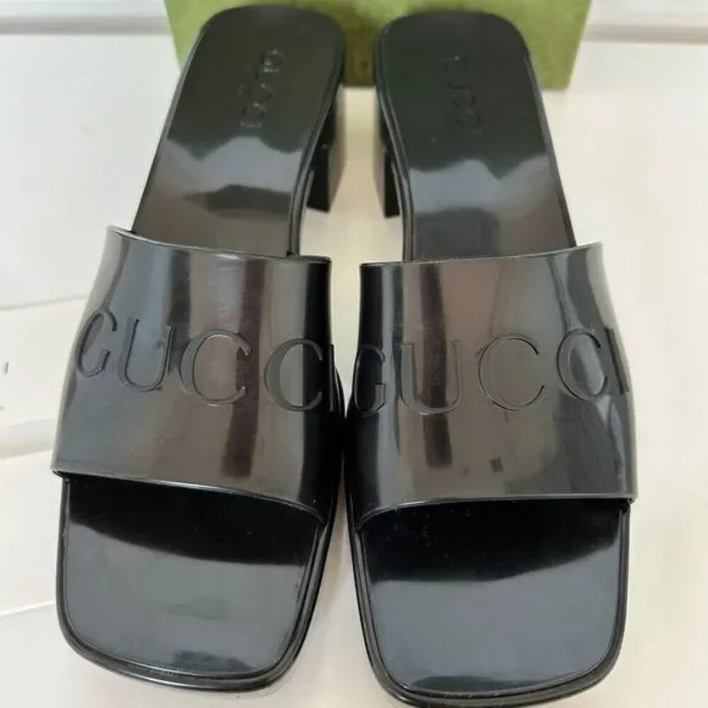 GUCCI Rubber Gucci Logo Womens Platform 20/60mm Slide Sandals 39 Black
